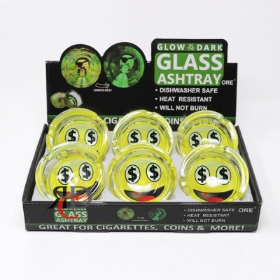 GLOW IN DARK GLASS ASHTRAY 6CT/ DISPLAY - MONEY EYES SMILEY FACE